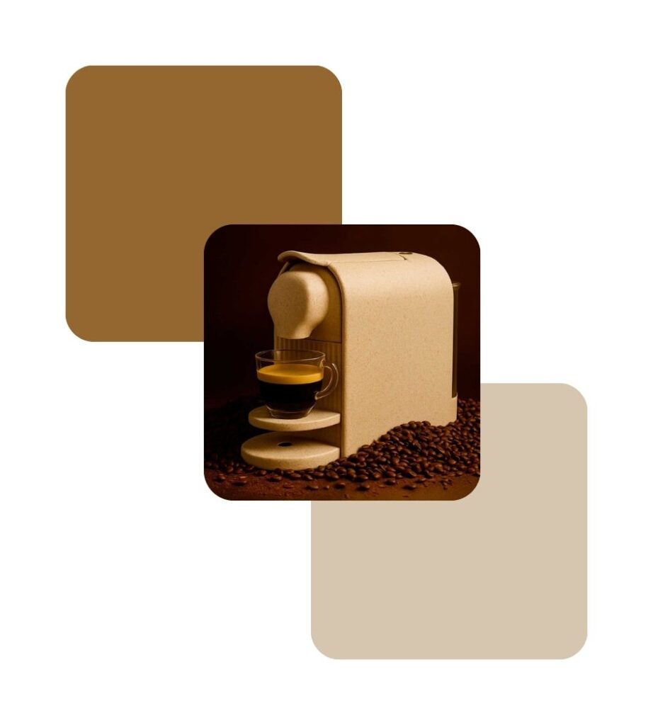 Capsule coffee machine made of rekrill biopolymer with coffee granules at the base of it