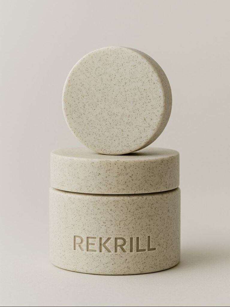 Bran biopolymer makeup containers on grey background