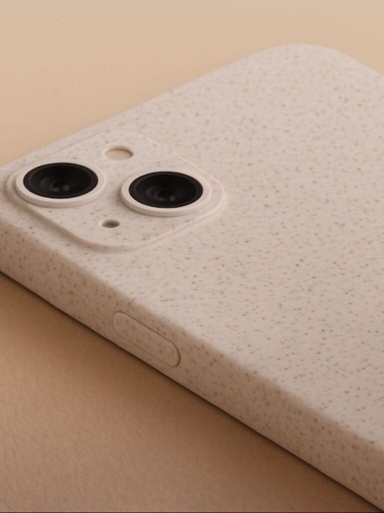 Close-up of a bran biopolymer phone cover