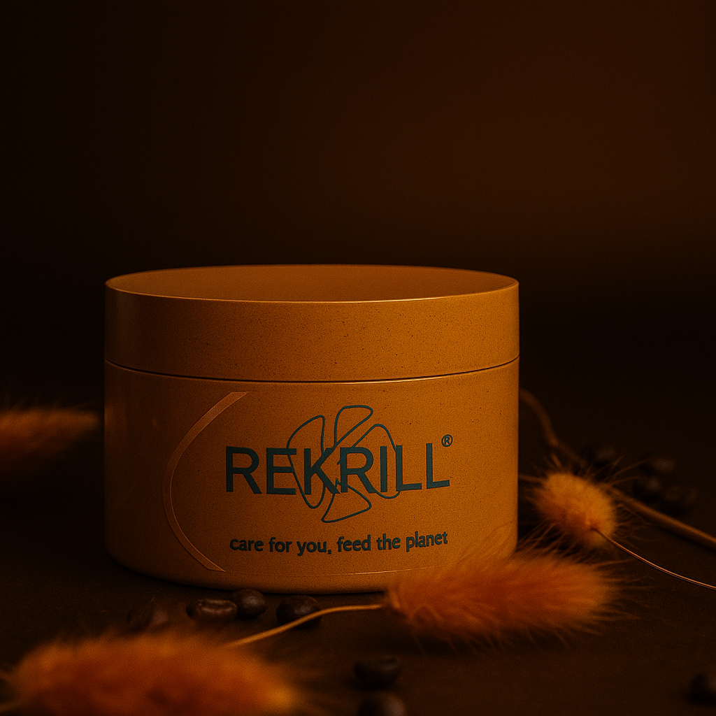 Cosmetic packaging made with the 100% bio-based, biodegradable, and compostable biopolymer REKRILL® Orange
