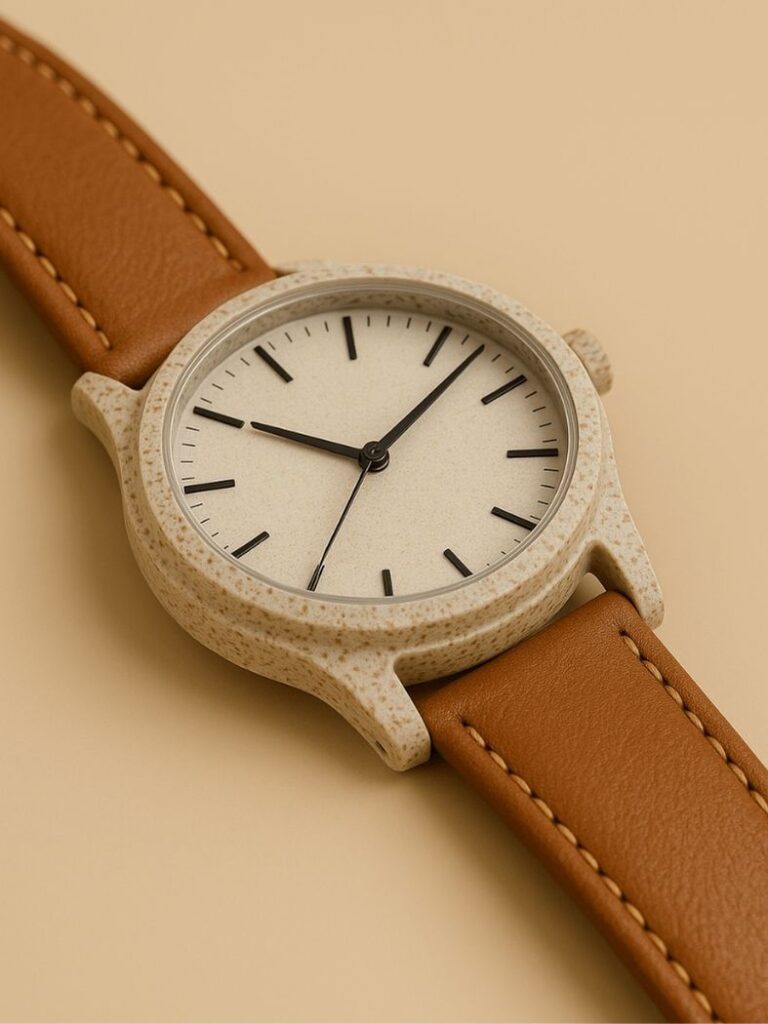 Close-up of a Rekrill round watch face made of bran biopolymer