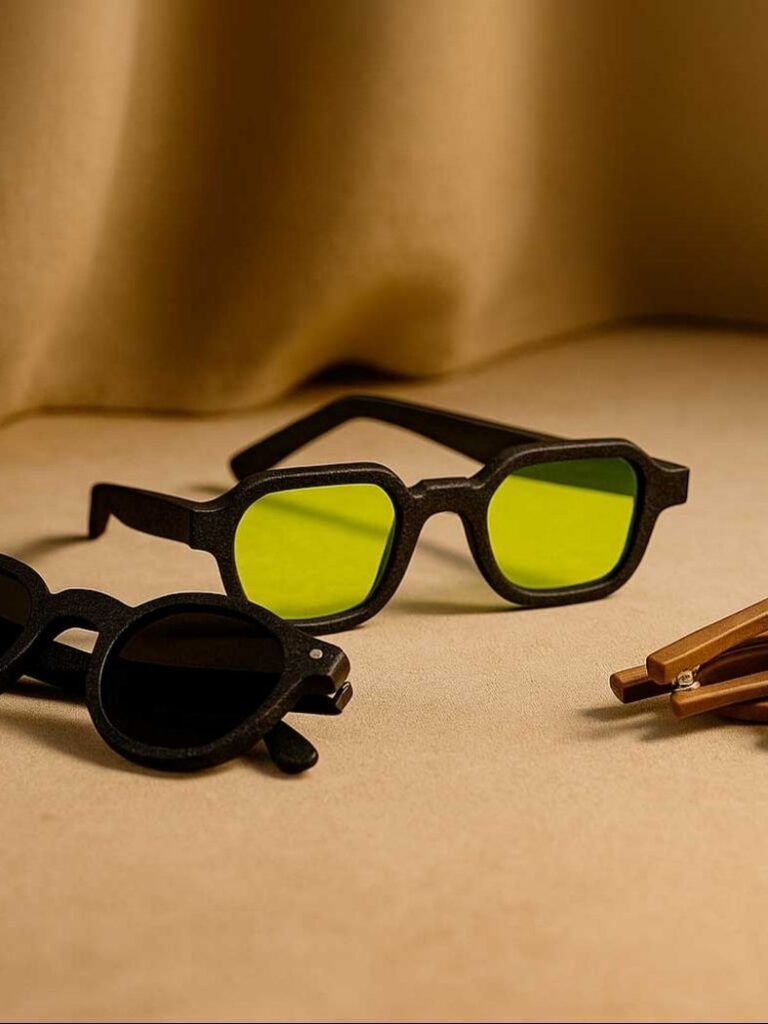 Close-up of Rekrill sun glasses made of colorful biopolymer